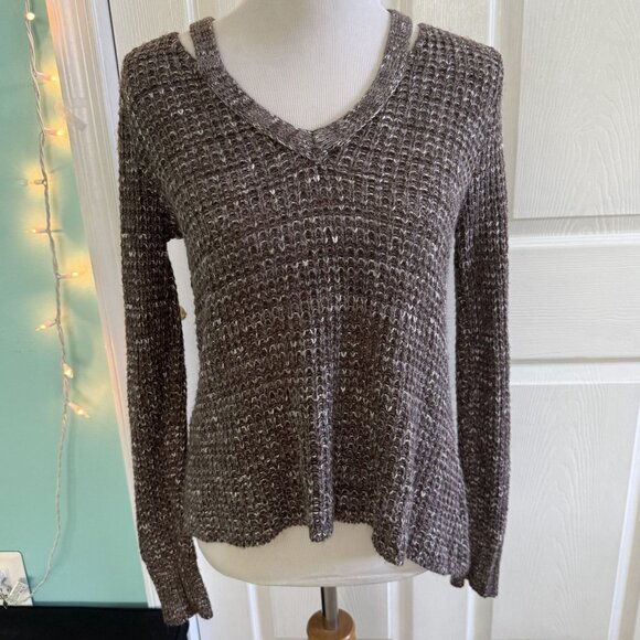 American Eagle Brown Knit V-Neck Sweater with Cutout Detail Cozy Long Sleeve - Picture 1 of 6